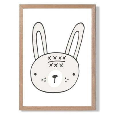 Cute Beige Rabbit Scandi Animal Framed Print SIZE: A4 with Oak Frame