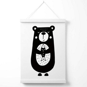 Cute Black Bear Scandi Animal Poster with Hanger / 33cm / White