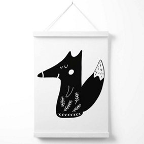 Cute Black Fox Scandi Animal Poster with Hanger / 33cm / White