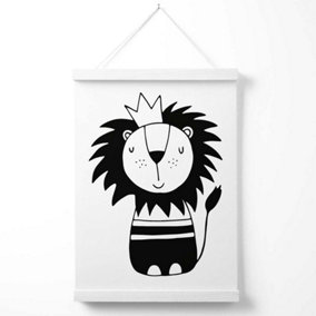 Cute Black Lion Scandi Animal Poster with Hanger / 33cm / White