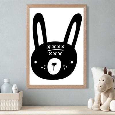 Cute Black Rabbit Scandi Animal Framed Print SIZE: A3 with Oak Frame