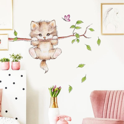 Cute Cat Forest Animals Wall Sticker 70x50cm Tree Branch Flowers Decal ...
