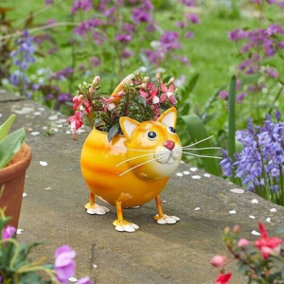 Cute Cat Pot Pet Novelty Fun Bright Metal Garden Decor Flower Planter