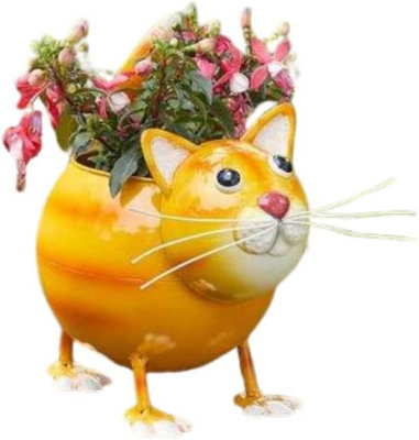 Cute Cat Pot Pet Novelty Fun Bright Metal Garden Decor Flower Planter