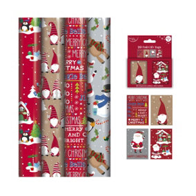 Cute Christmas Gift Wrapping Paper 4 x 4M Rolls And Gift Tags Gonk Characters