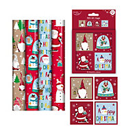Cute Christmas Gift Wrapping Paper 4 x 7M Rolls And Gift Tags Gonk Snow Globe