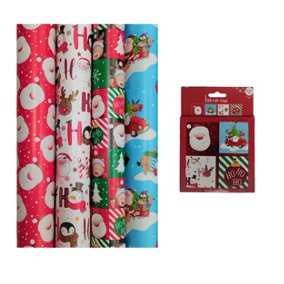 Cute Christmas Gift Wrapping Paper 4 x 7M Rolls And Gift Tags Santa HoHoHo Train