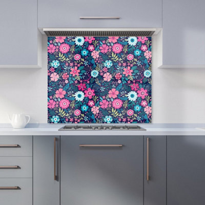 Cute Colourful Flower Pattern Premium Glass Kitchen Splashback W600mm x H600mm