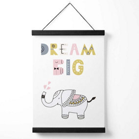 Cute Dream Big Elephant Scandi Quote Medium Poster with Black Hanger