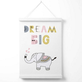 Cute Dream Big Elephant Scandi Quote Poster with Hanger / 33cm / White