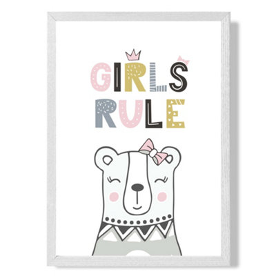 Cute Girls Rule Bear Scandi Quote Art Print with White Frame SIZE: A4