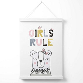 Cute Girls Rule Bear Scandi Quote Poster with Hanger / 33cm / White