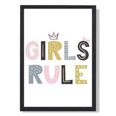 Cute Girls Rule Scandi Quote Framed Print SIZE: A3 with Black Frame