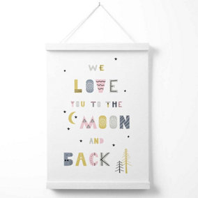 Cute Love you to the Moon Pink Scandi Quote Poster with Hanger / 33cm / White