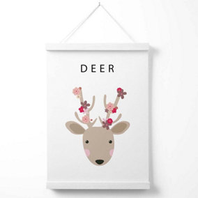 Cute Pink Floral Deer  Poster with Hanger / 33cm / White