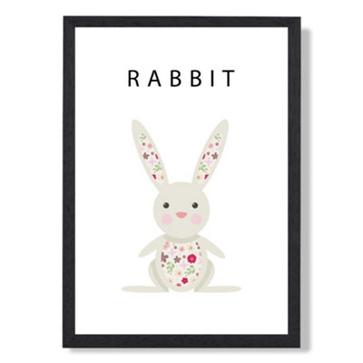 Cute Pink Floral Rabbit Art Print with Black Frame SIZE: A4
