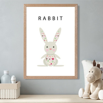 Cute Pink Floral Rabbit Framed Print SIZE: A3 with Oak Frame