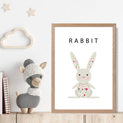 Cute Pink Floral Rabbit Framed Print SIZE: A4 with Oak Frame