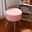 Cute Pink Round Plush Makeup Dressing Table Stool with White Padded Steel Legs