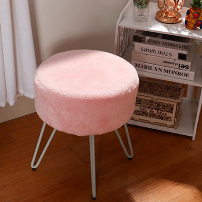 Cute Pink Round Plush Makeup Dressing Table Stool with White Padded Steel Legs