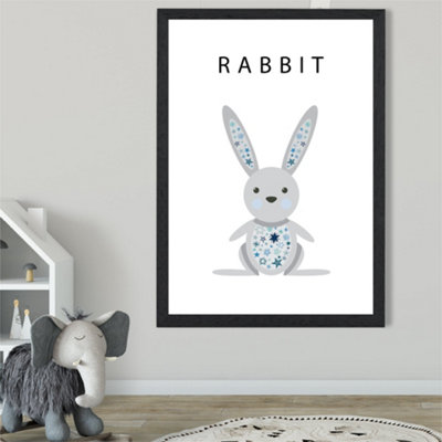 Cute Rabbit with Blue Stars Framed Print SIZE: A2 with Black Frame