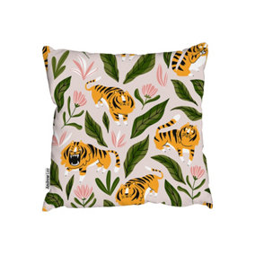 Cute Tigers And Tropical Leaves And Flowers (Cushion) / 45cm x 45cm