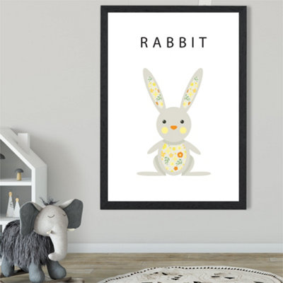 Cute Yellow Floral Rabbit Framed Print SIZE: A2 with Black Frame