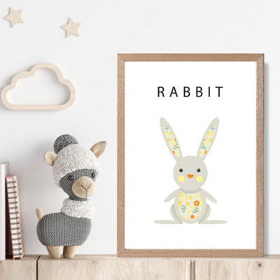 Cute Yellow Floral Rabbit Framed Print SIZE: A4 with Oak Frame