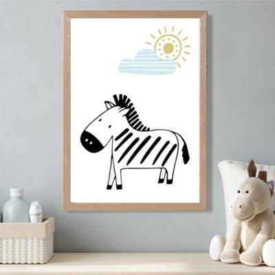 Cute Zebra Scandi Animal Framed Print SIZE: A3 with Oak Frame
