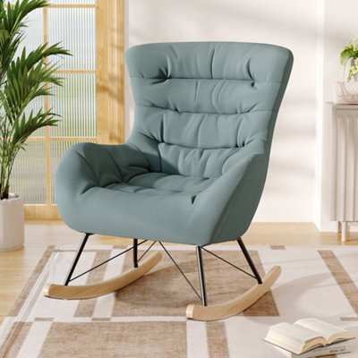 Cyan Fabric Upholstered Rocking Chair Rocker Relaxing Chair Occasional Armchair with Rubber Wood Legs