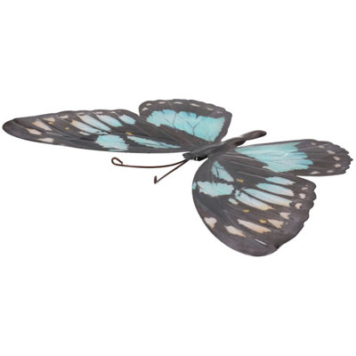 Cyan/Light Blue & Black Metal Butterfly Garden/Home Wall Art Ornament 35x25cm