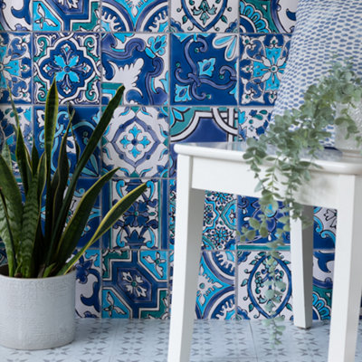 d-c-fix Moroccan Tile Riasan Blue 3D Splashback Wallpaper for Kitchen and Bathroom 4m(L) 67.5cm(W)