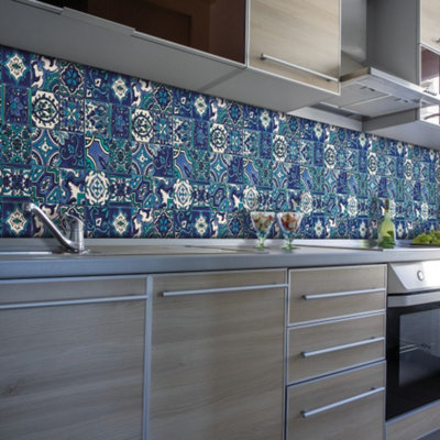 d-c-fix Moroccan Tile Riasan Blue 3D Splashback Wallpaper for Kitchen and Bathroom 4m(L) 67.5cm(W)