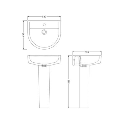 D Shape 1 Tap Hole Basin & Full Pedestal - 520mm - Balterley