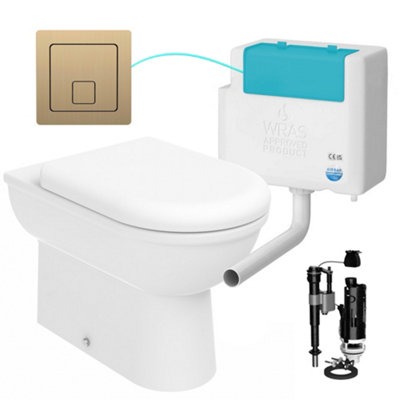 D Shape Back to Wall Toilet Pan Soft Close Seat & WRAS Concealed Cistern Set - Bottom Entry - Brushed Brass Square Button