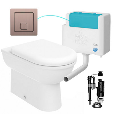 D Shape Back to Wall Toilet Pan Soft Close Seat & WRAS Concealed Cistern Set - Bottom Entry - Brushed Bronze Square Button