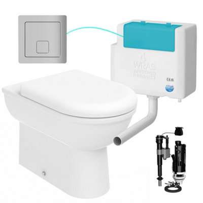 D Shape Back to Wall Toilet Pan Soft Close Seat & WRAS Concealed Cistern Set - Bottom Entry - Chrome Square Button