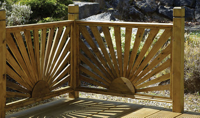 Decorative decking rails bordering the edge of a garden deck.