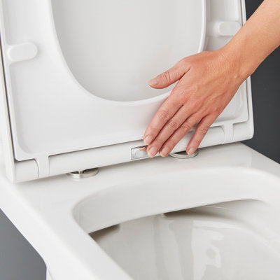 Person pressing the button on the front of a quick release toilet seat.