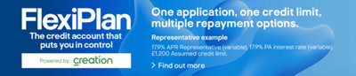 FlexiPlan. The credit account that puts you in control. Powered by Creation. One application, one credit limit, multiple repayment options. 17.9% APR Representative (variable). 17.9% PA interest rate (variable). £1,200 Assumed credit limit. Find out more.