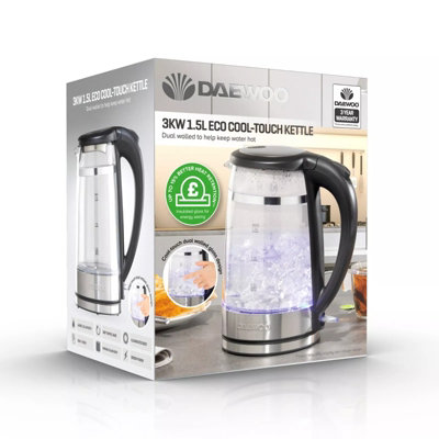 Daewoo 1.7L 3000W Matching Glass Kettle and Toaster Set 2 Slice Stainless Steel Clear See Through Illuminating LED Ring DIY at B Q