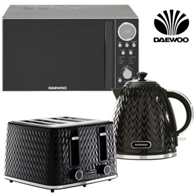 Daewoo Argyle Black 1.7L 3000W Kettle 4-Slice Toaster & Multi-Function Microwave with 8 Presets