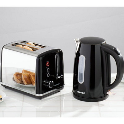 Daewoo Black Kensington 1.7 Litre 3000 Watt Matching Jug Kettle and Toaster Set 2 Slice Stainless Steel Rapid Boil Reheat Defrost