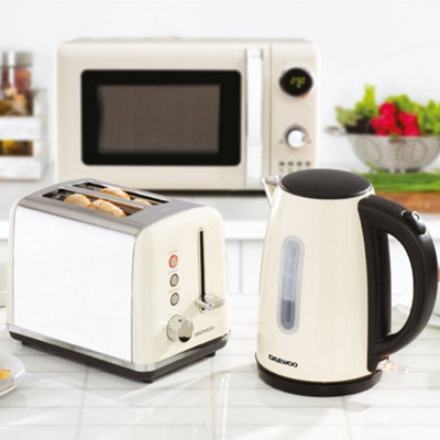 Daewoo Cream Kensington 1.7 Litre 3000 Watt Matching Jug Kettle and Toaster Set 2 Slice Stainless Steel Rapid Boil Reheat Defrost