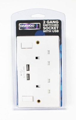 Daewoo Electricals Double Wall Socket with 2x USB Ports 5V 2.1A White ELA1152