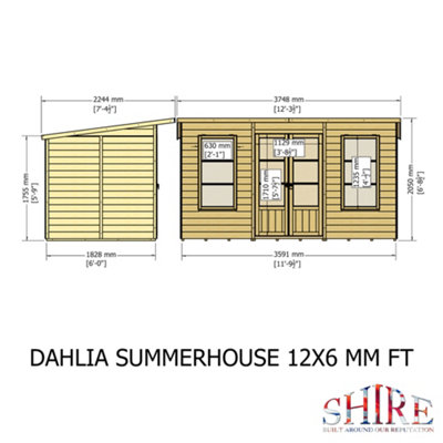 Dahlia 12x6 Pent Summerhouse with double doors and two opening windows - 9
