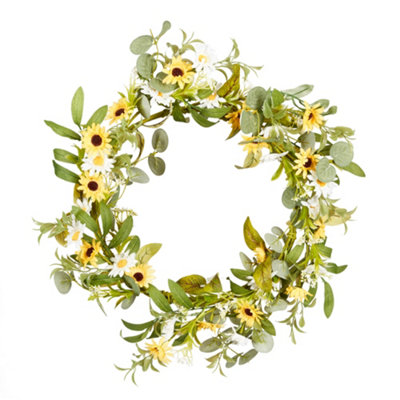 Daisy Chain Wreath Yellow & White Floral Front Door Easter Wreath Garland Rustic Spring Home Garden Porch Décor - 51cm