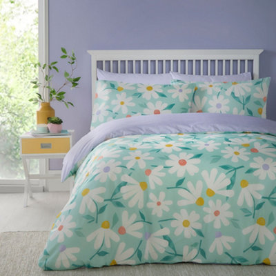 Daisy Retro Daisy Print Peach Textured Duck Egg Duvet Cover Set