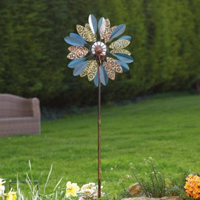 Daisy Wind Spinner with Solar Powered Crackle Glass Globe - Outdoor Decoration with Multicoloured LED Lights - H130 x 38 x D17cm