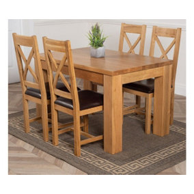 Dakota 127 x 82 cm Chunky Oak Small Dining Table and 4 Chairs Dining Set with Berkeley Brown Leather Chairs